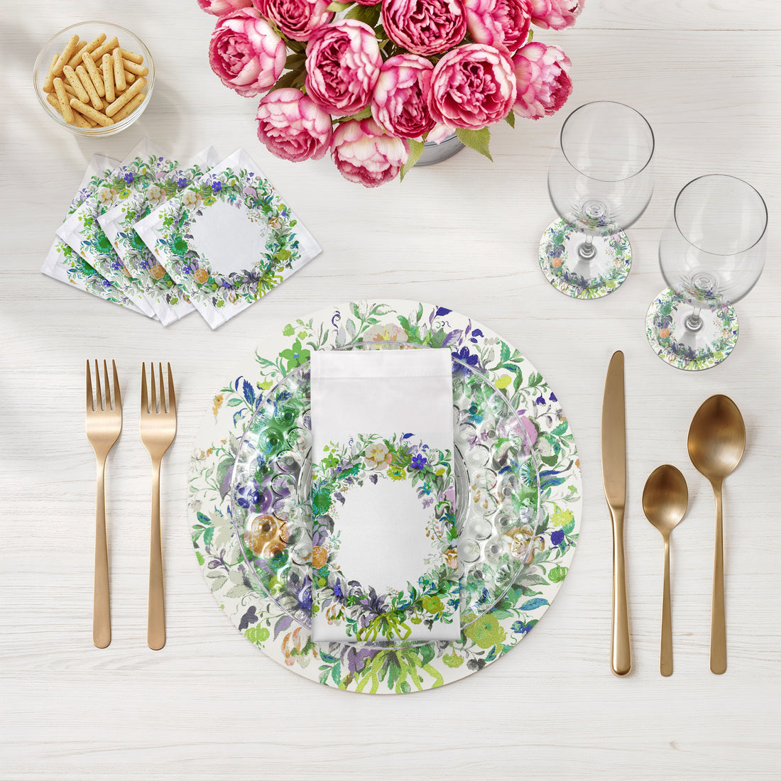 SET DE TABLE RONDS À GALETS, COURONNE DE FLEURS VERTES, LOT DE 4