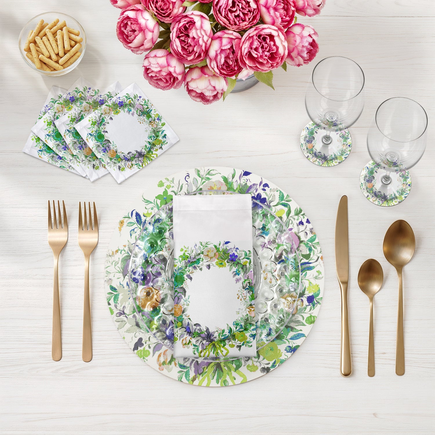 SET DE TABLE RONDS À GALETS, COURONNE DE FLEURS VERTES, LOT DE 4