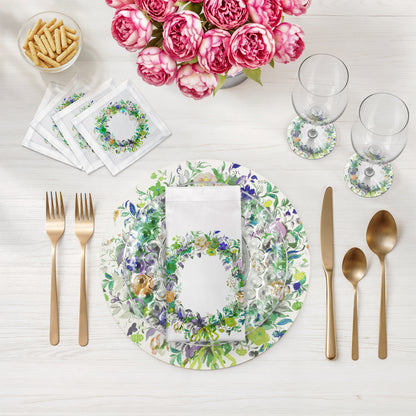 Wreath Flowers Green Cotton Sateen Cocktail Napkins
