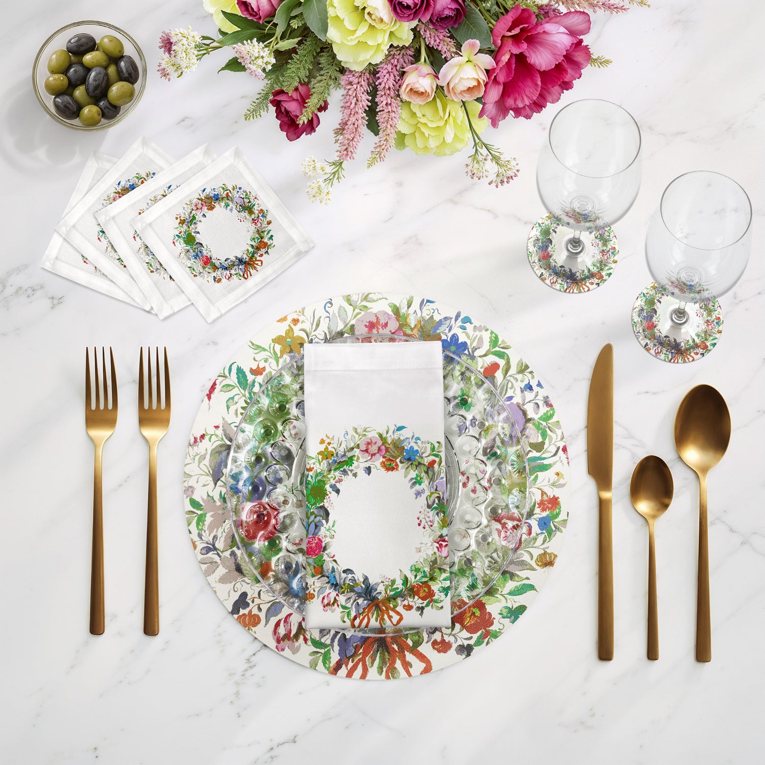 Wreath Flowers Orange Cotton Sateen Cocktail Napkins