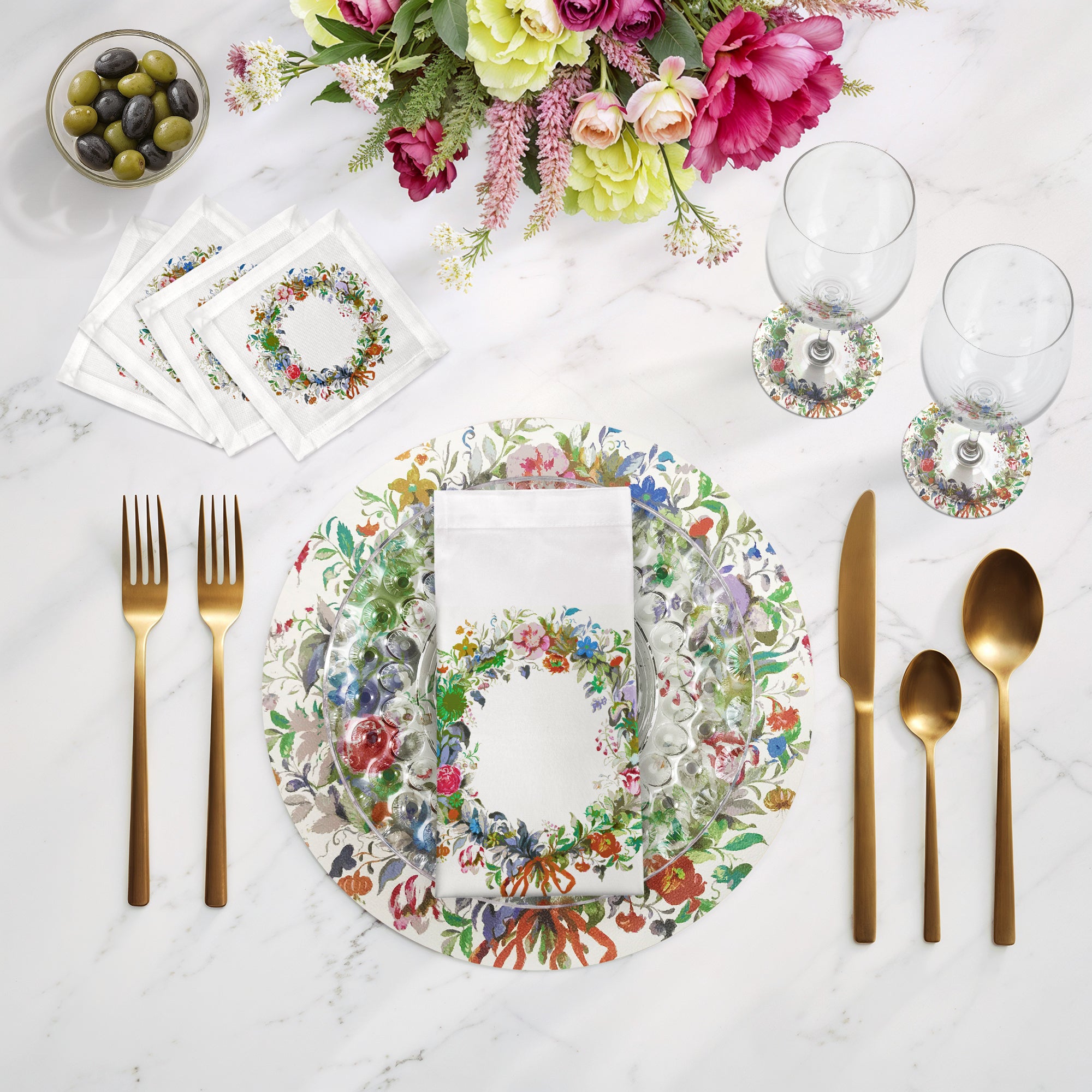 Wreath Flowers Orange Cotton Sateen Cocktail Napkins