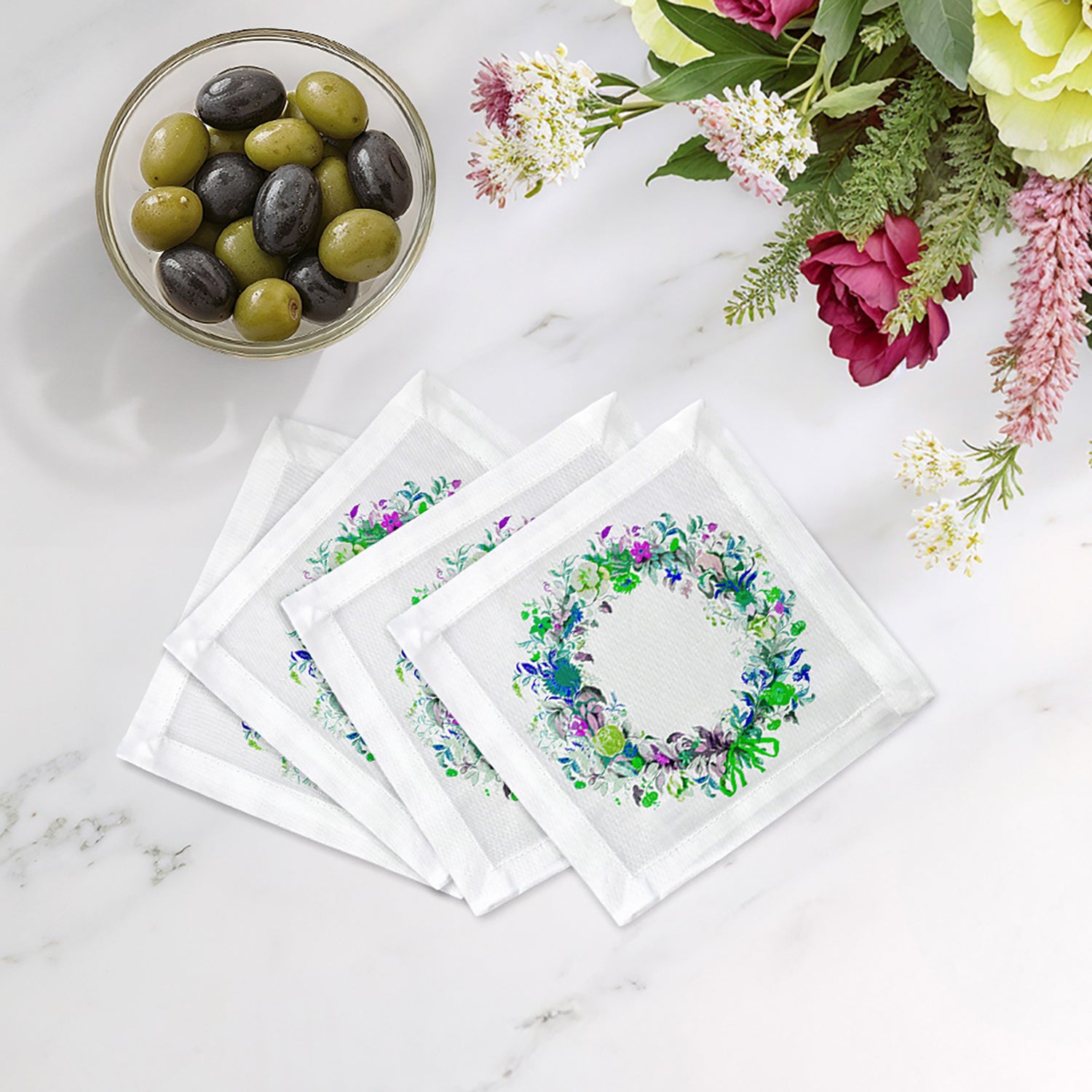 WREATH FLOWERS BLUE 6"X6" HEMSTITCH COCKTAIL NAPKINS, SET OF 4 - nicolettemayer.com