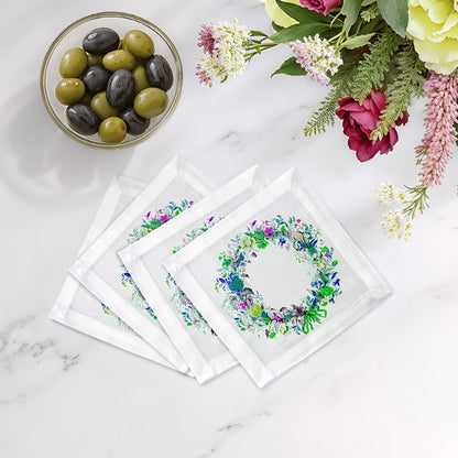 WREATH FLOWERS BLUE 6"X6" HEMSTITCH COCKTAIL NAPKINS, SET OF 4 - nicolettemayer.com