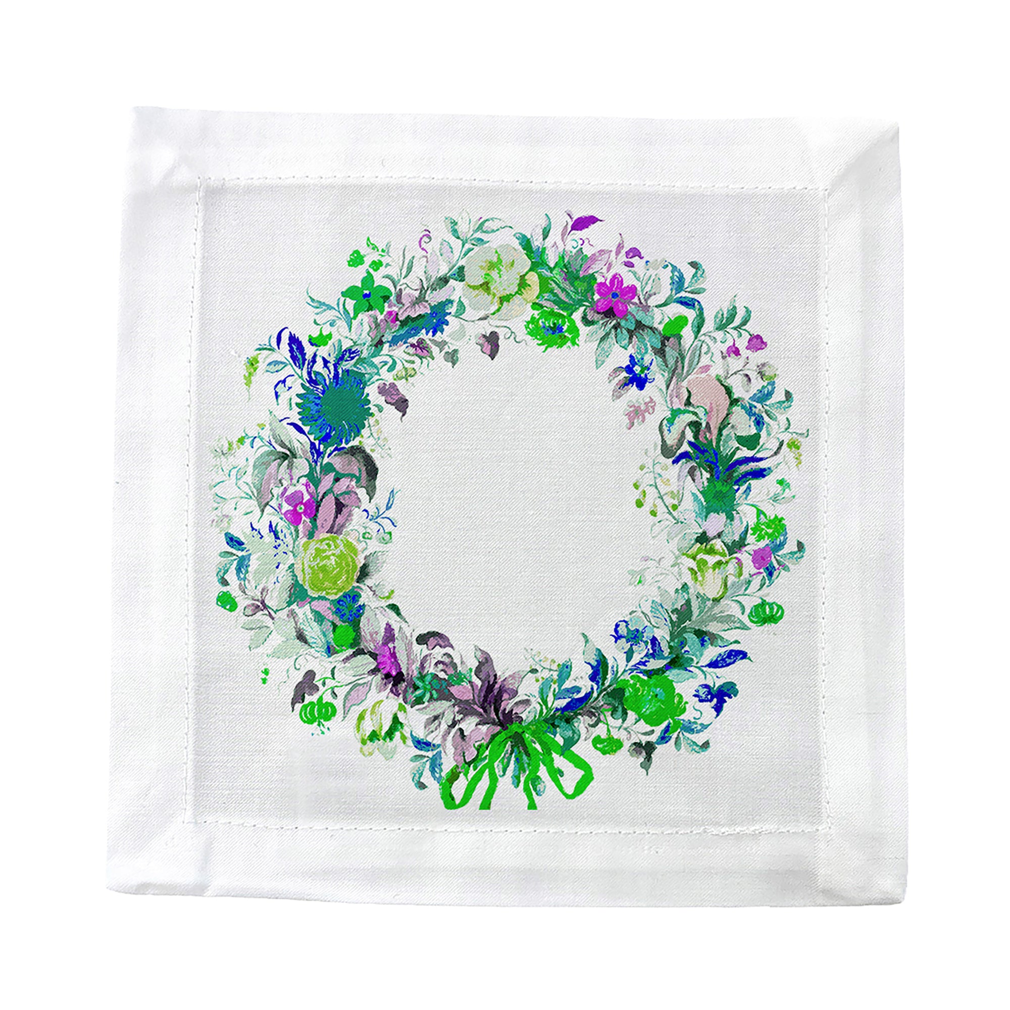 Wreath Flowers Blue Cotton Sateen Cocktail Napkins