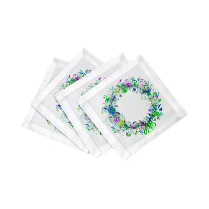 WREATH FLOWERS BLUE 6"X6" HEMSTITCH COCKTAIL NAPKINS, SET OF 4 - nicolettemayer.com