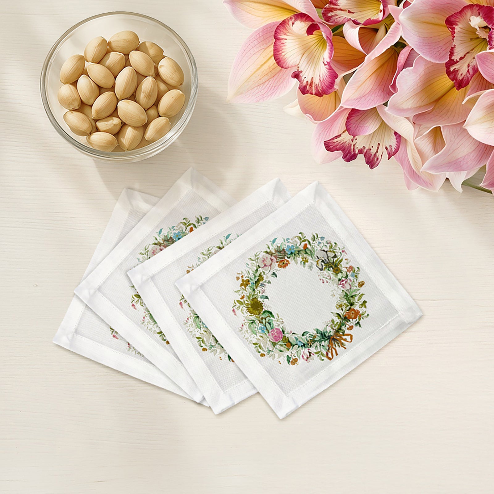 Wreath Flowers Gold Cotton Sateen Cocktail Napkins
