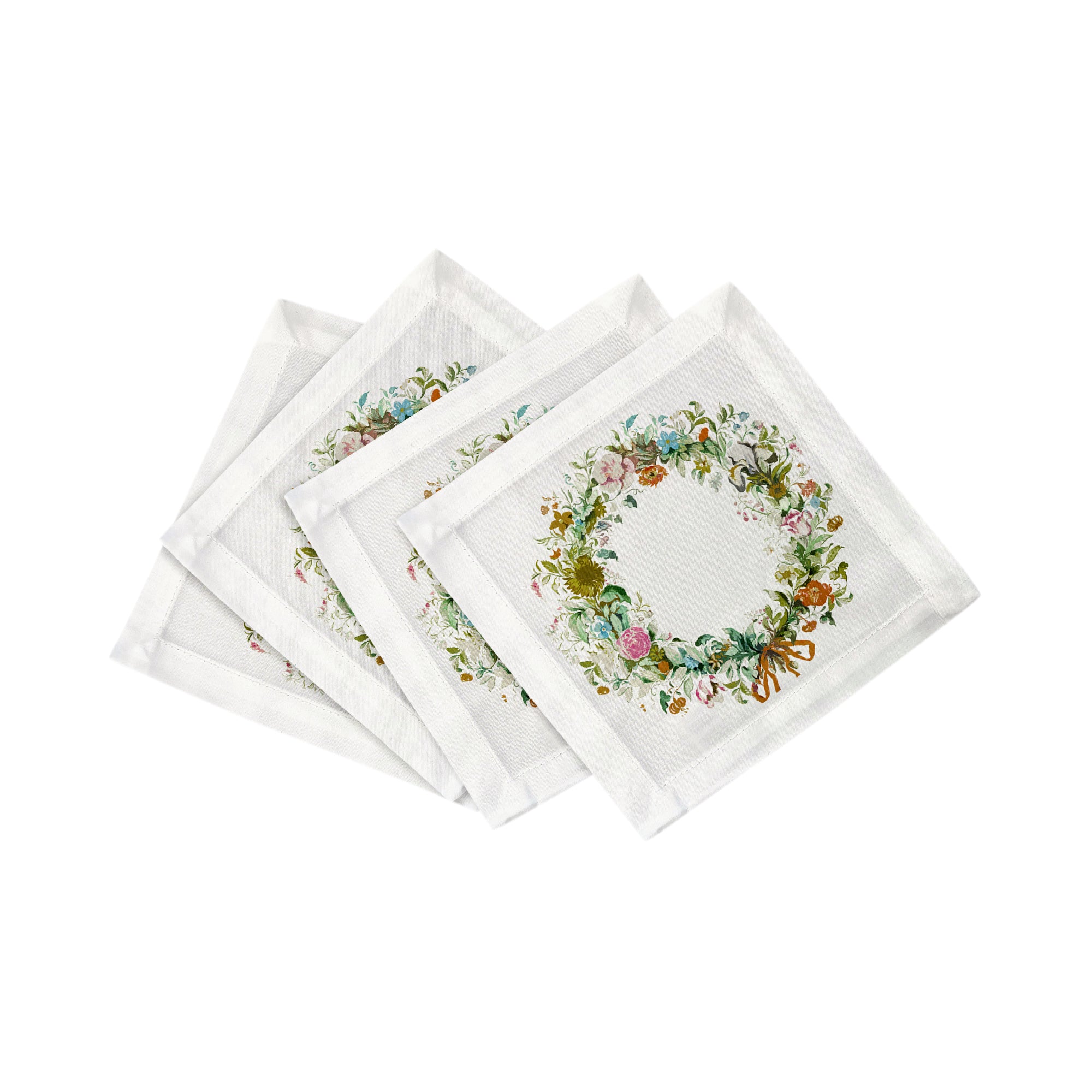 Wreath Flowers Gold Cotton Sateen Cocktail Napkins
