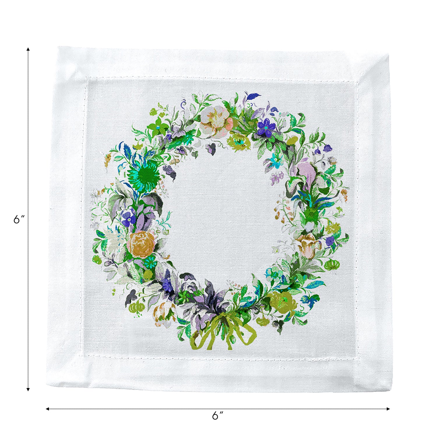 Wreath Flowers Green Cotton Sateen Cocktail Napkins