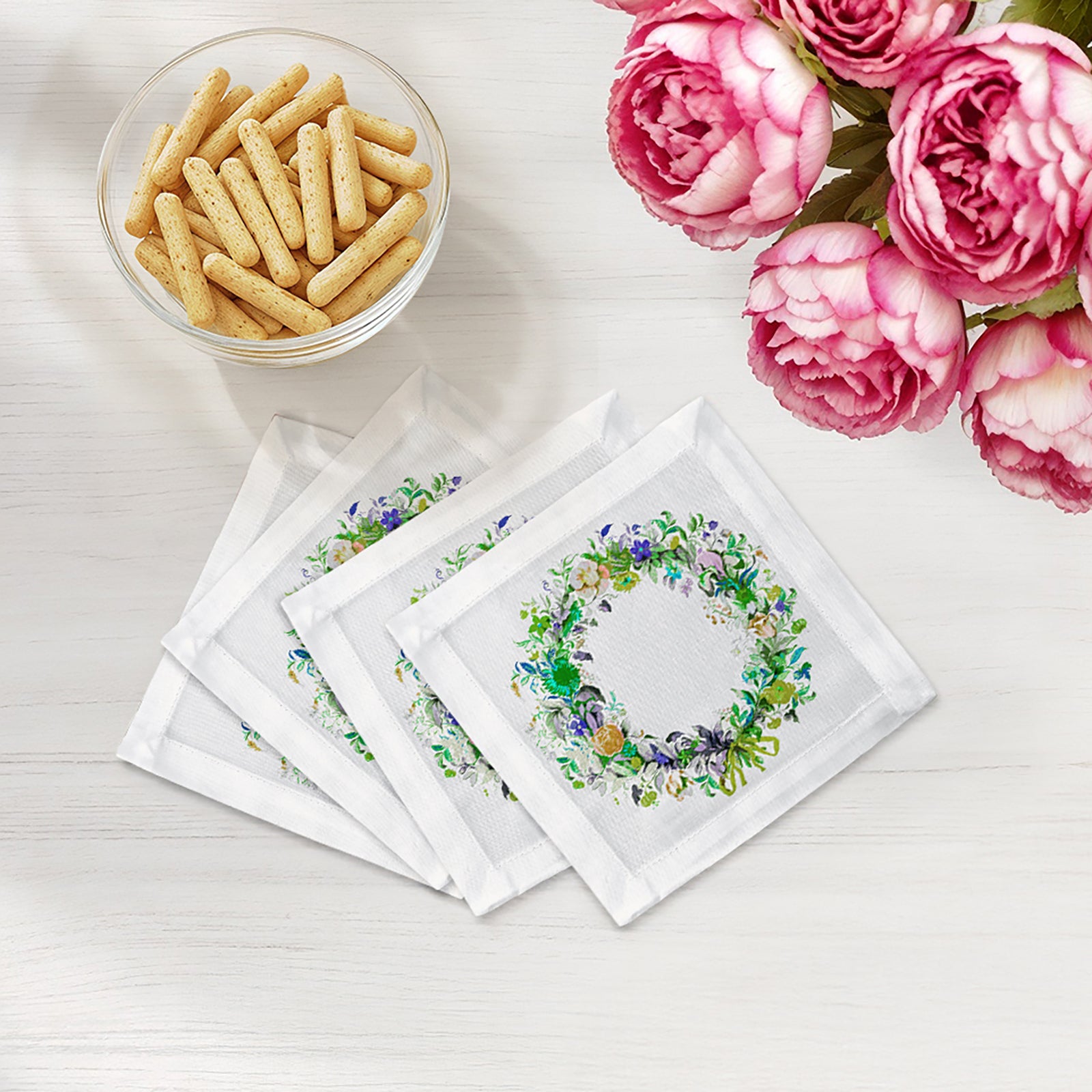 Wreath Flowers Green Cotton Sateen Cocktail Napkins