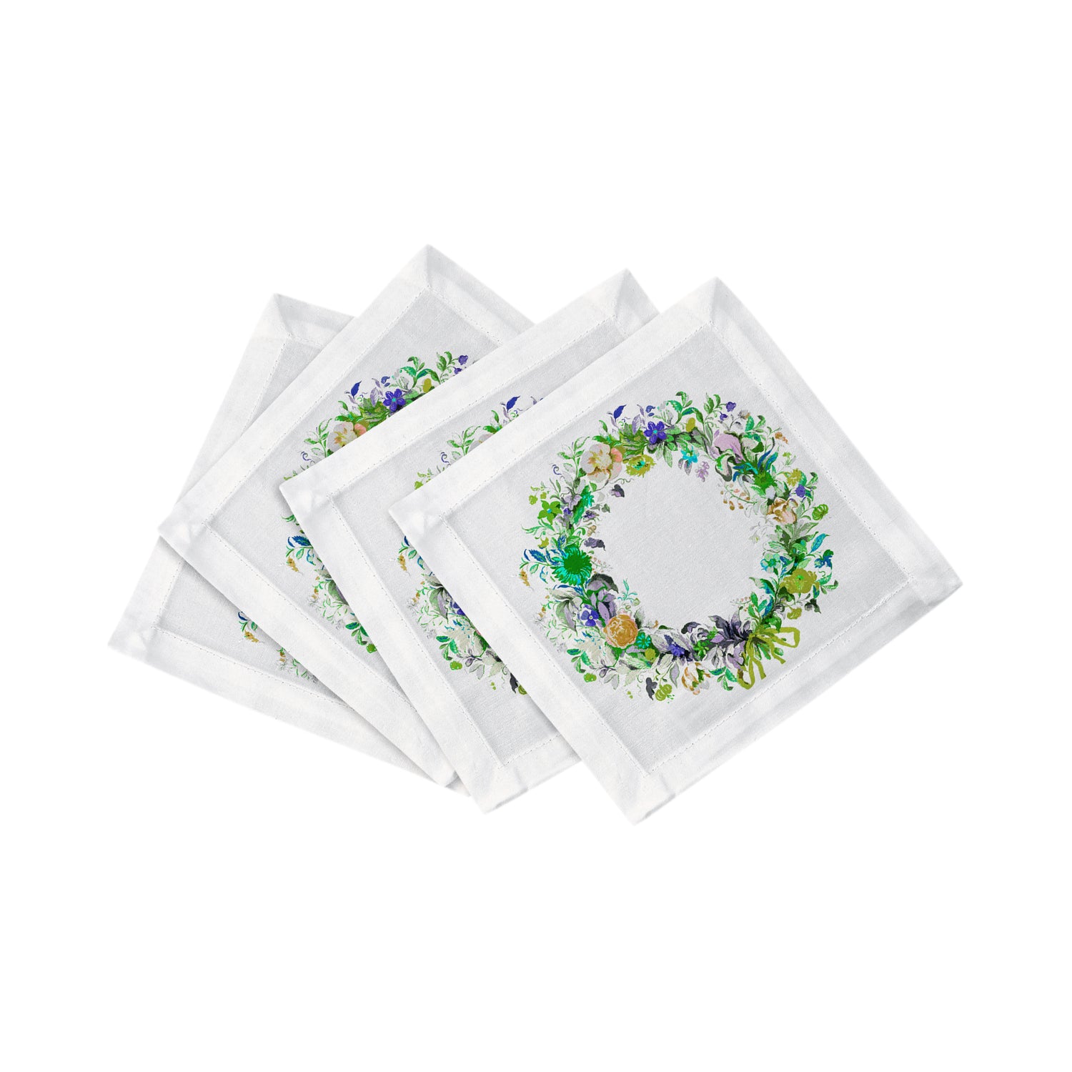 Wreath Flowers Green Cotton Sateen Cocktail Napkins
