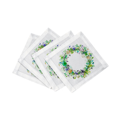 Wreath Flowers Green Cotton Sateen Cocktail Napkins