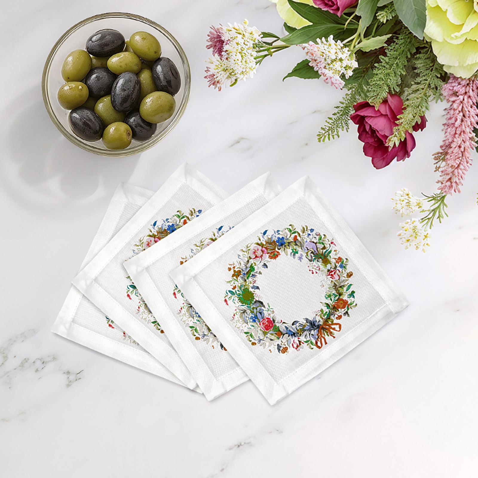 WREATH FLOWERS ORANGE 6"X6" HEMSTITCH COCKTAIL NAPKINS, SET OF 4 - nicolettemayer.com