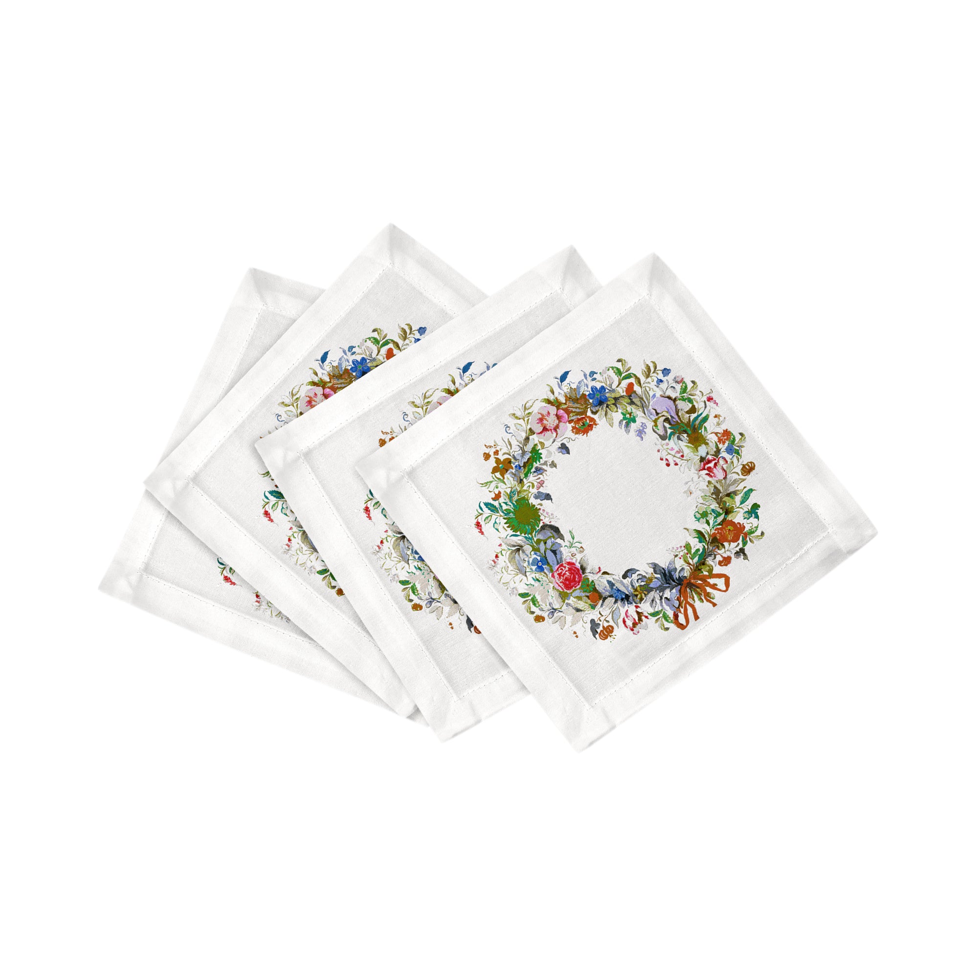 WREATH FLOWERS ORANGE 6"X6" HEMSTITCH COCKTAIL NAPKINS, SET OF 4 - nicolettemayer.com