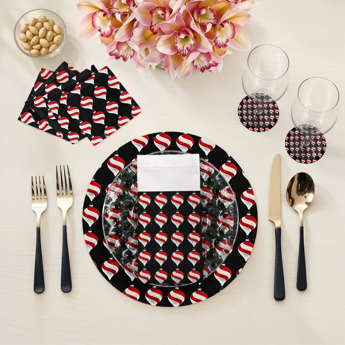 Lot de 4 sets de table ronds en galets noirs de 40 cm, décoration de Noël