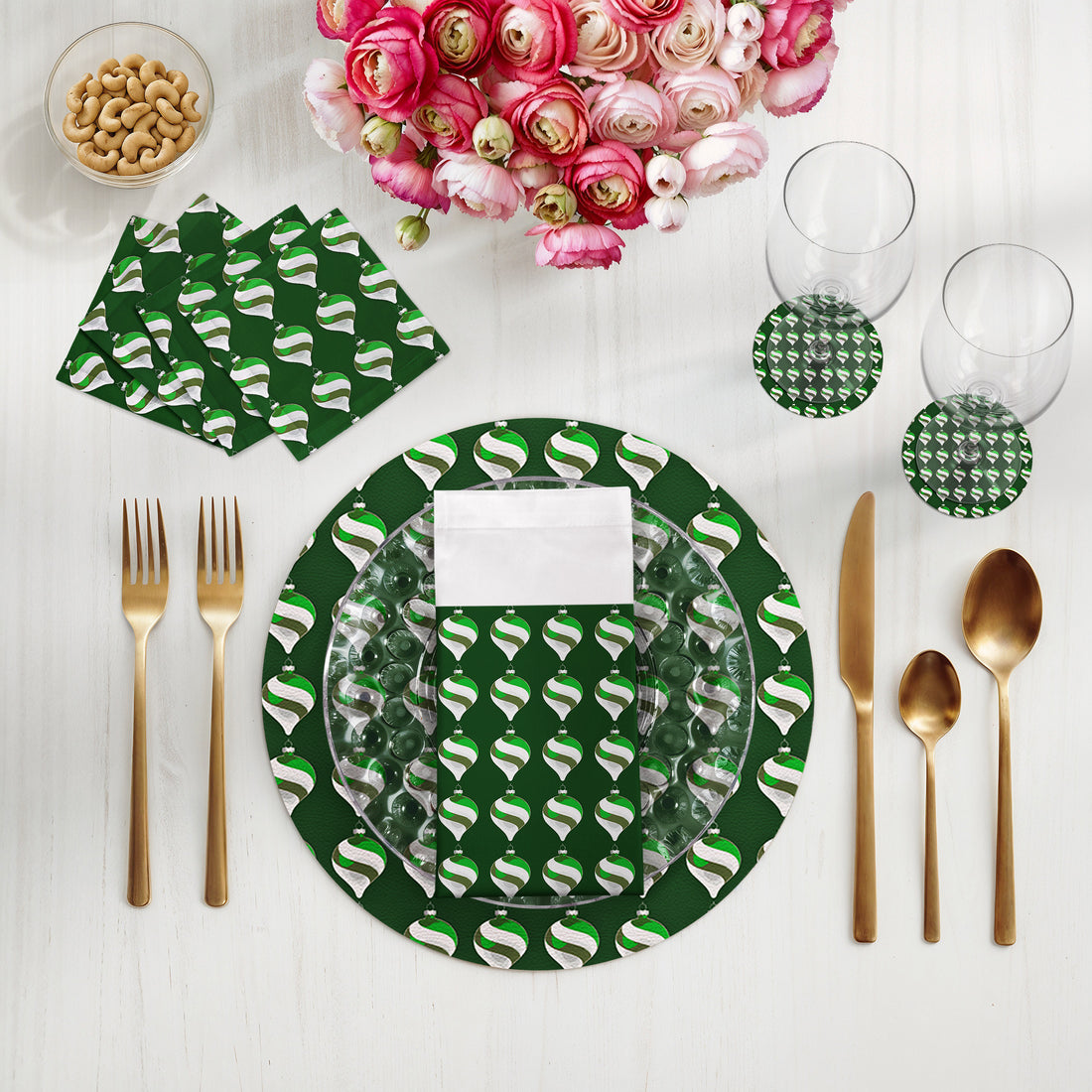 Lot de 4 sets de table ronds en galets, motif ornement de Noël vert, 40 cm