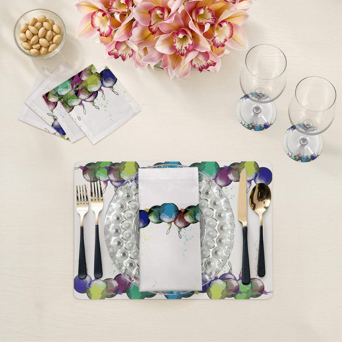 SET DE TABLE RECTANGULAIRE GALETS BLANC ORNEMENTS DE NOËL, LOT DE 4