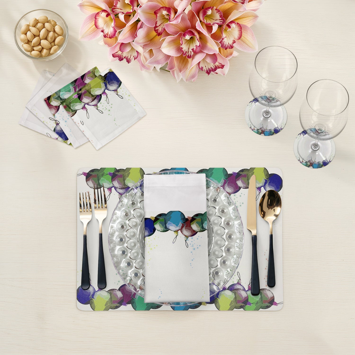 SET DE TABLE RECTANGULAIRE GALETS BLANC ORNEMENTS DE NOËL, LOT DE 4