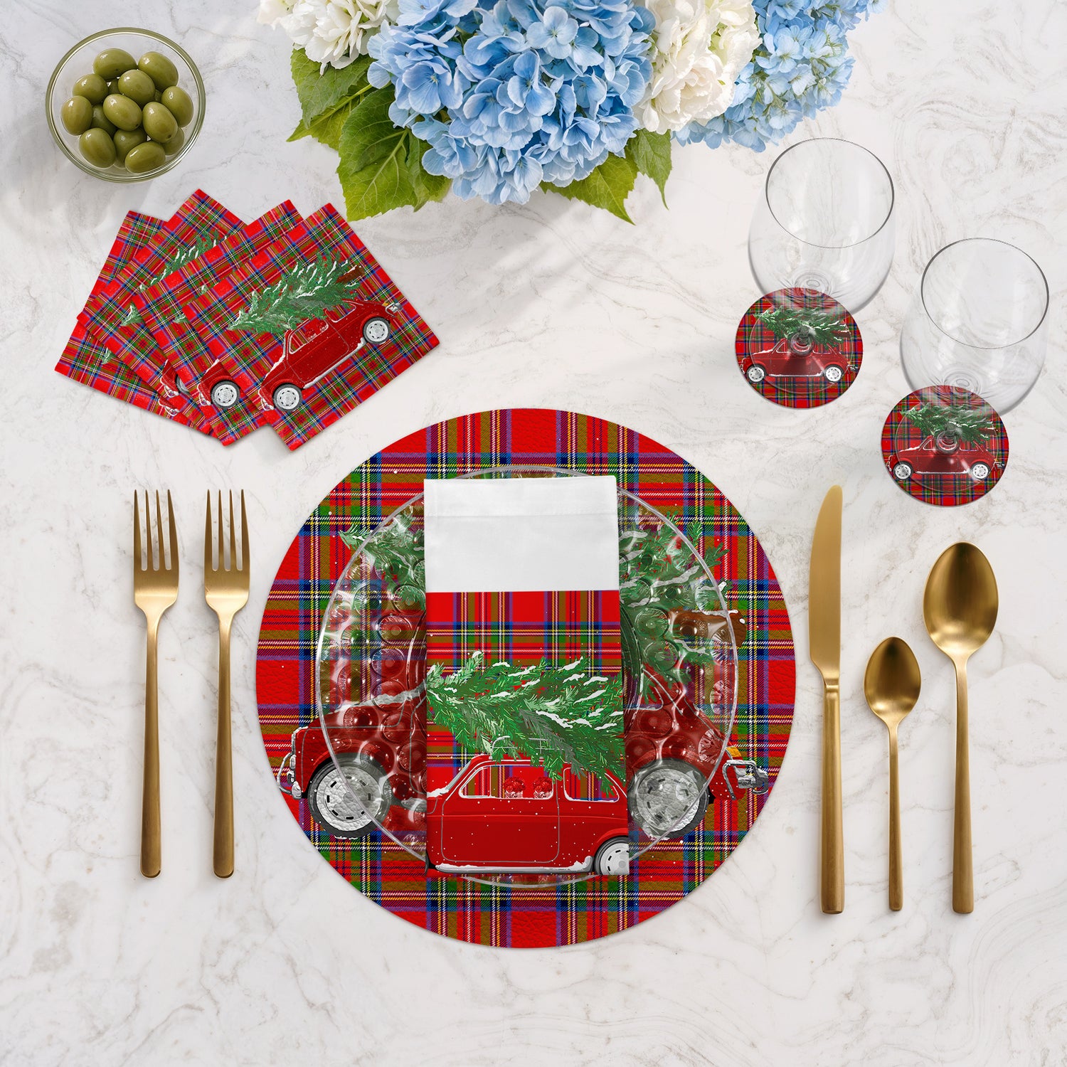 Xmas Tree Plaid Cotton Sateen Cocktail Napkins