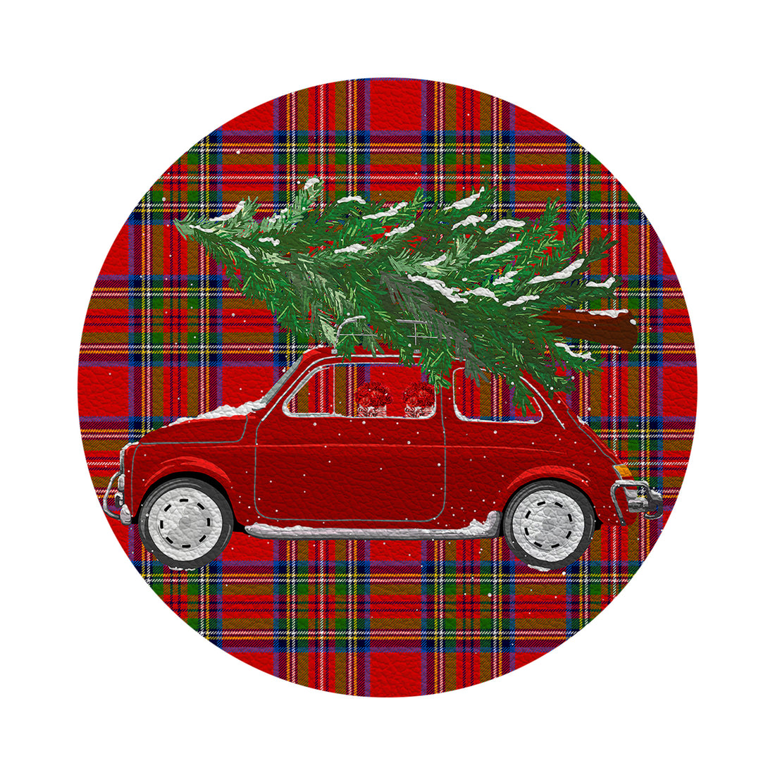 Xmas Tree Plaid Vegan Leather Round Pebble Placemat