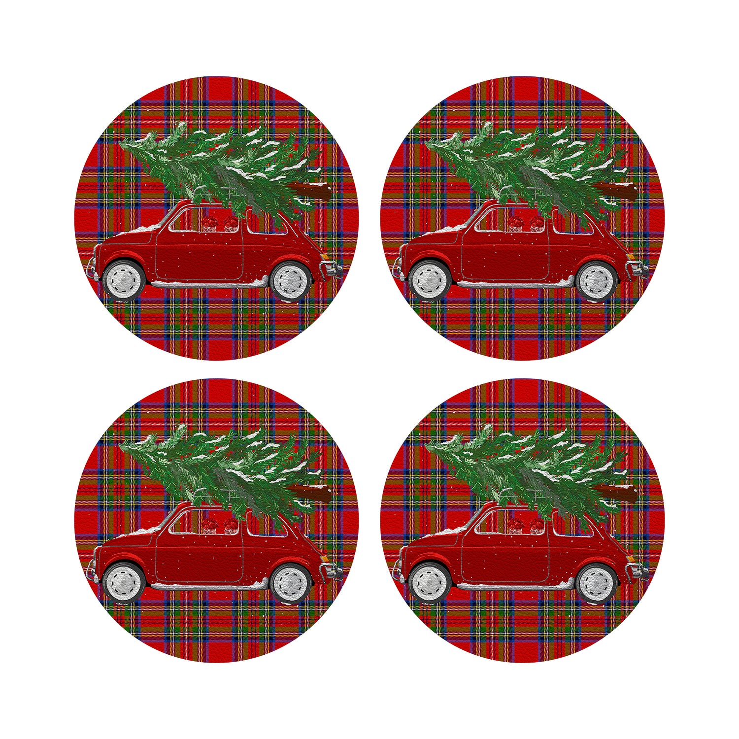 Xmas Tree Plaid Vegan Leather Round Pebble Placemat