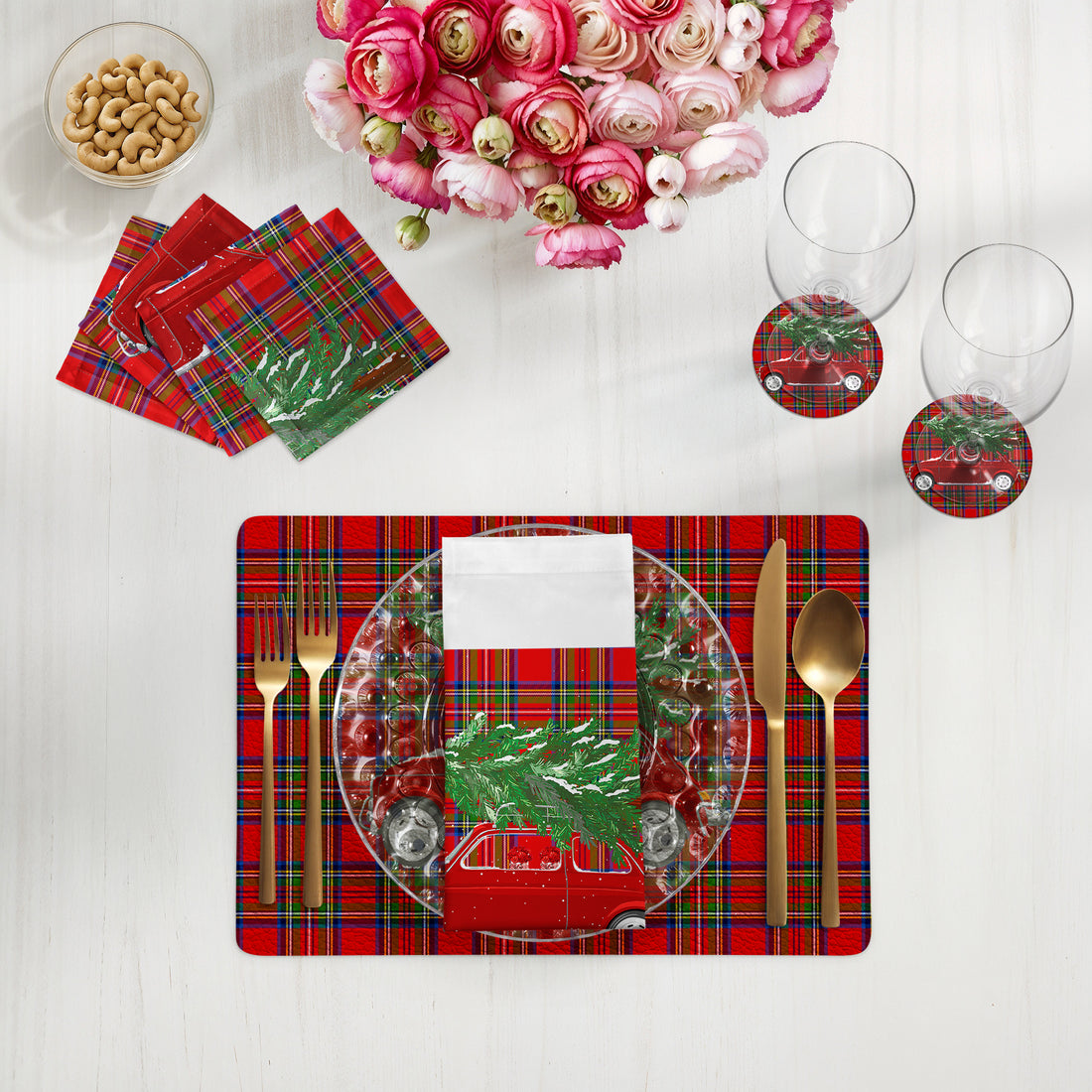 Xmas Tree Plaid Vegan Leather Rectangle Pebble Placemat