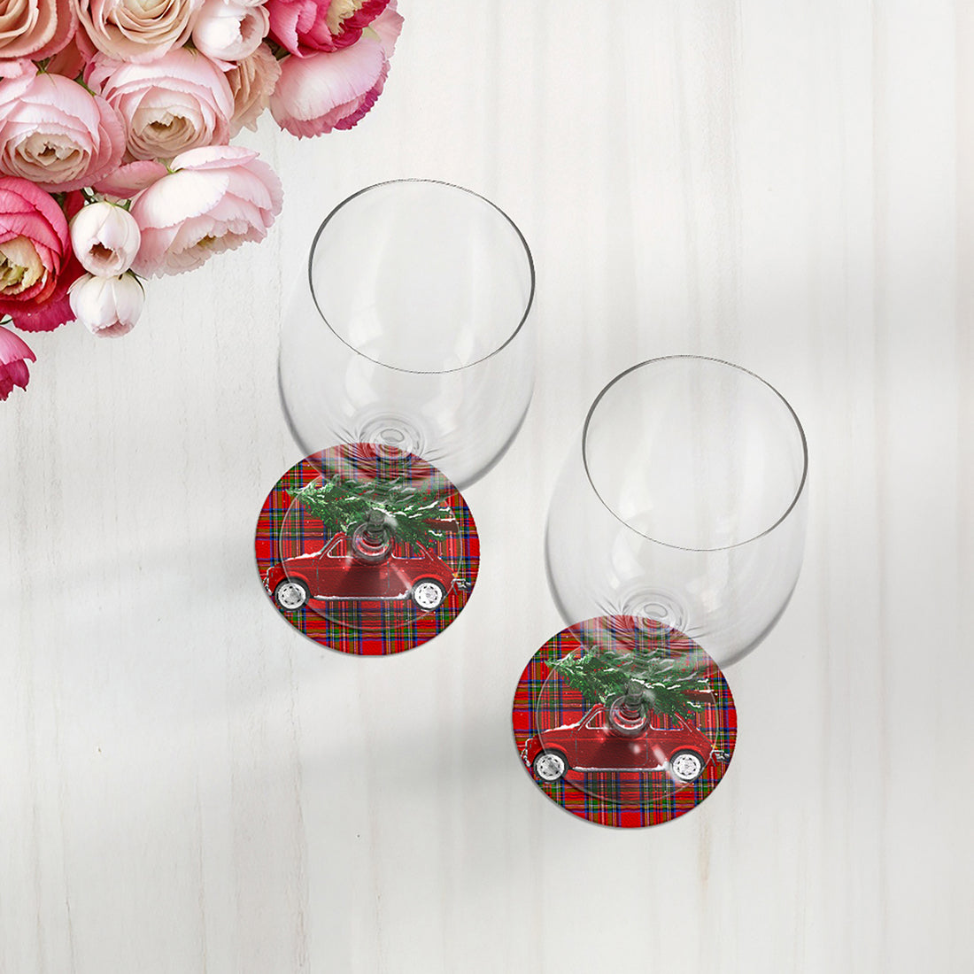 Xmas Tree Plaid Vegan Leather Round Coasters