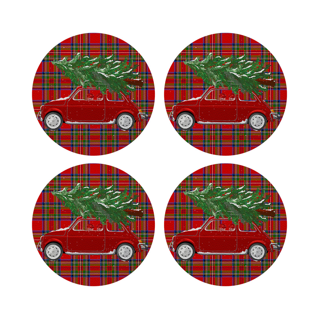 Xmas Tree Plaid Vegan Leather Round Coasters