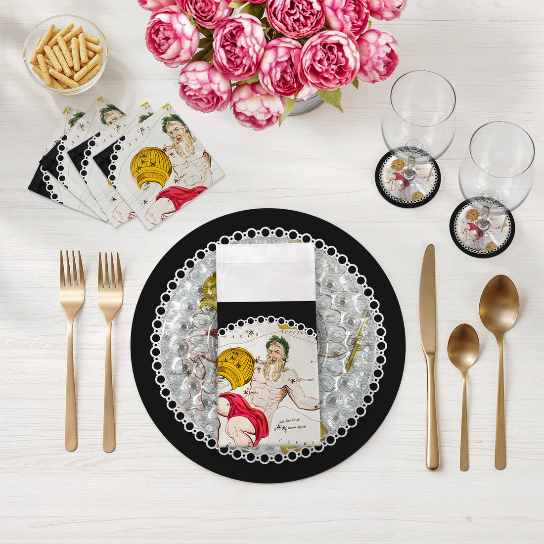 Zodiac Aquarius Black Vegan Leather Round Pebble Placemat