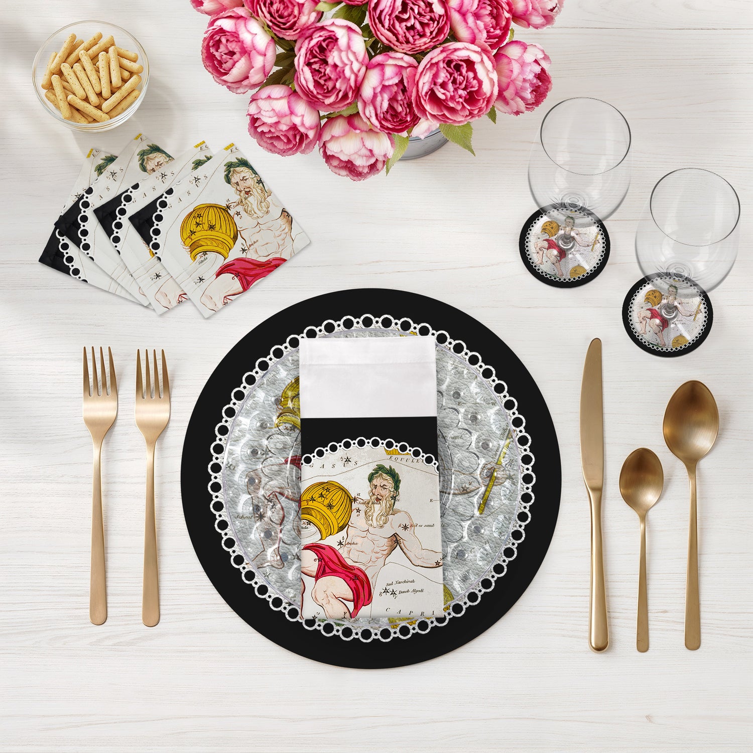 Zodiac Aquarius Black Vegan Leather Round Pebble Placemat