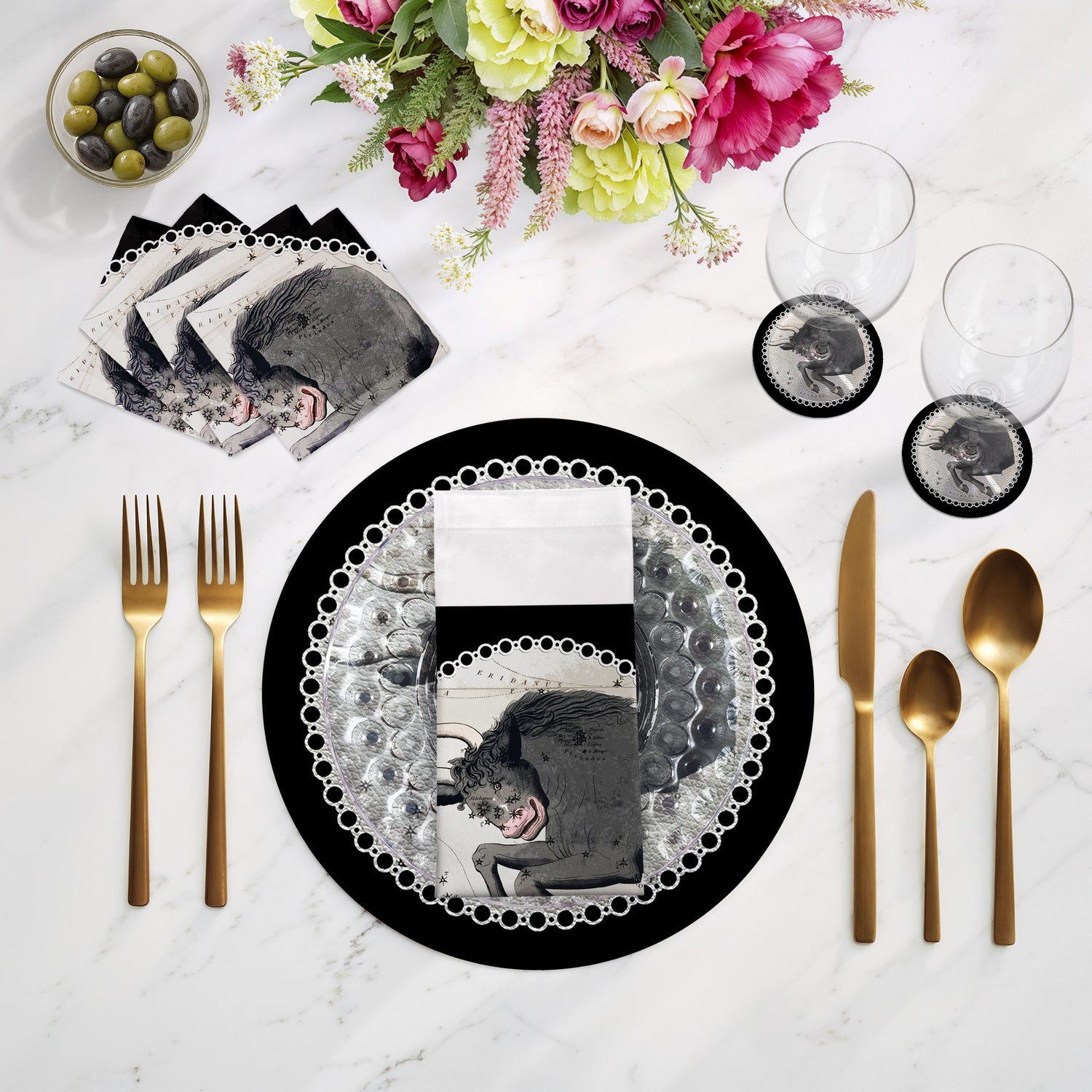 Zodiac Taurus Black Vegan Leather Round Pebble Placemat