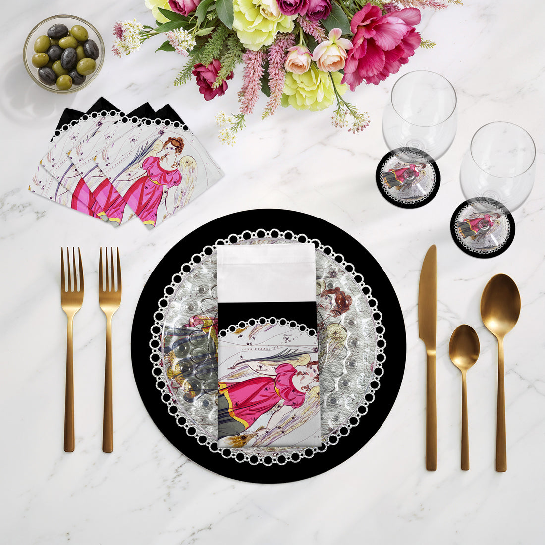 Lot de 4 sets de table ronds en galets noirs Zodiac Vierge 40 cm