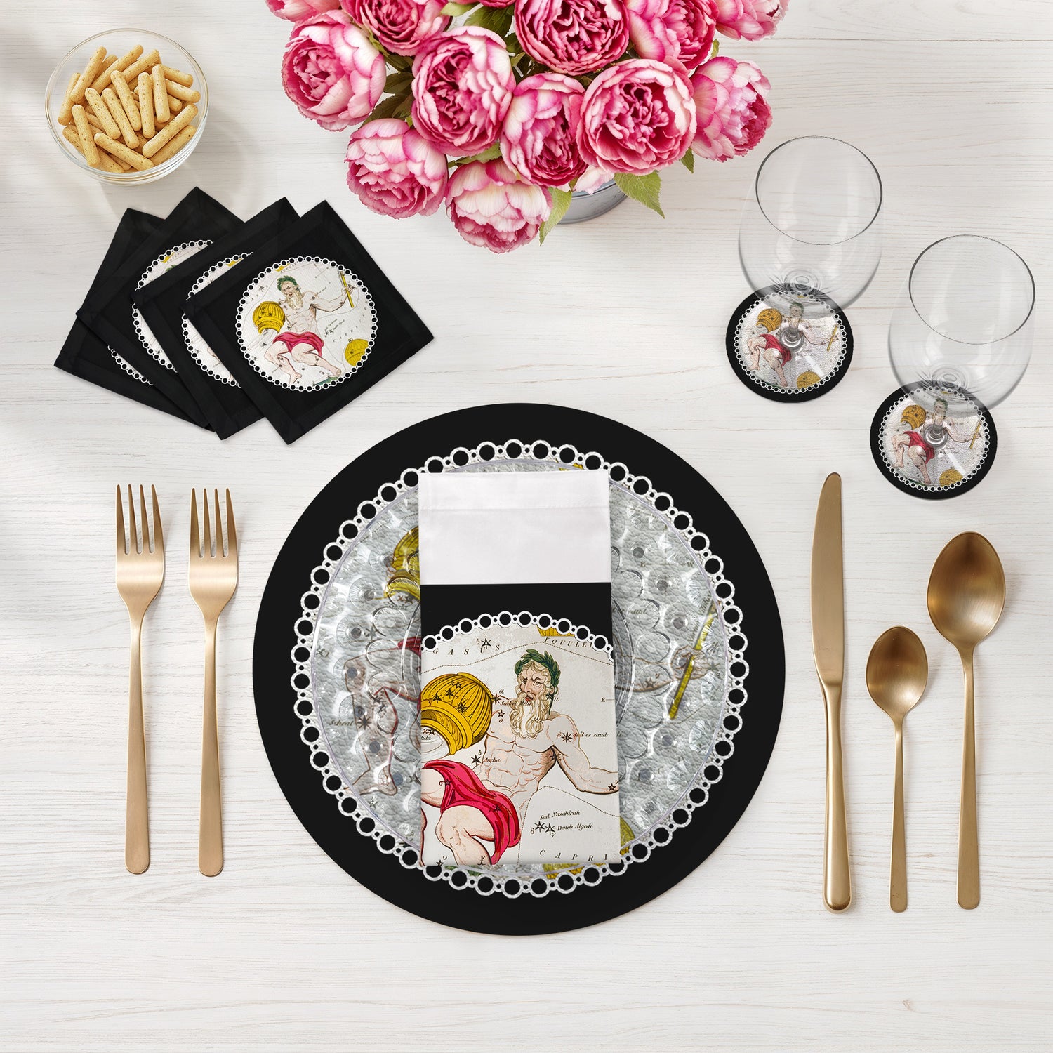 Zodiac Aquarius Black 16" Round Pebble Placemats, Set of 4 - nicolettemayer.com
