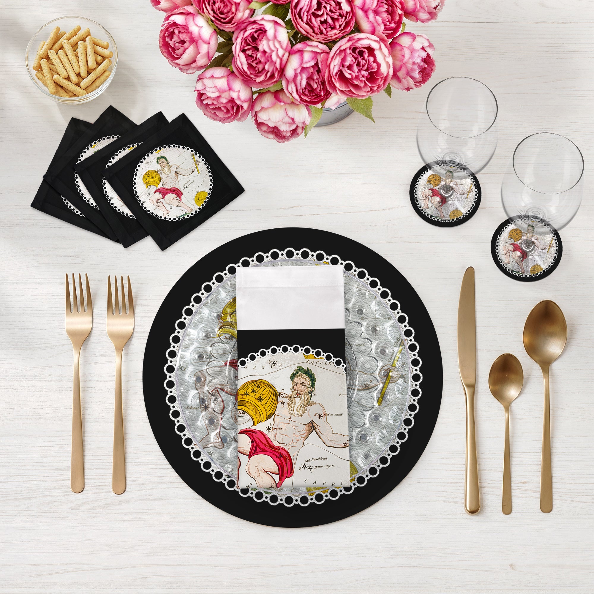 Zodiac Aquarius Black 16" Round Pebble Placemats, Set of 4 - nicolettemayer.com
