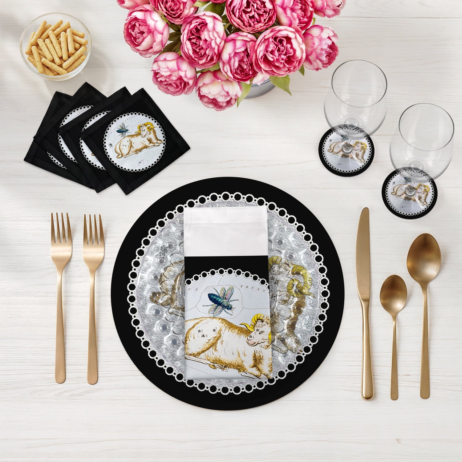 Zodiac Aries Black 16" Round Pebble Placemats, Set of 4 - nicolettemayer.com
