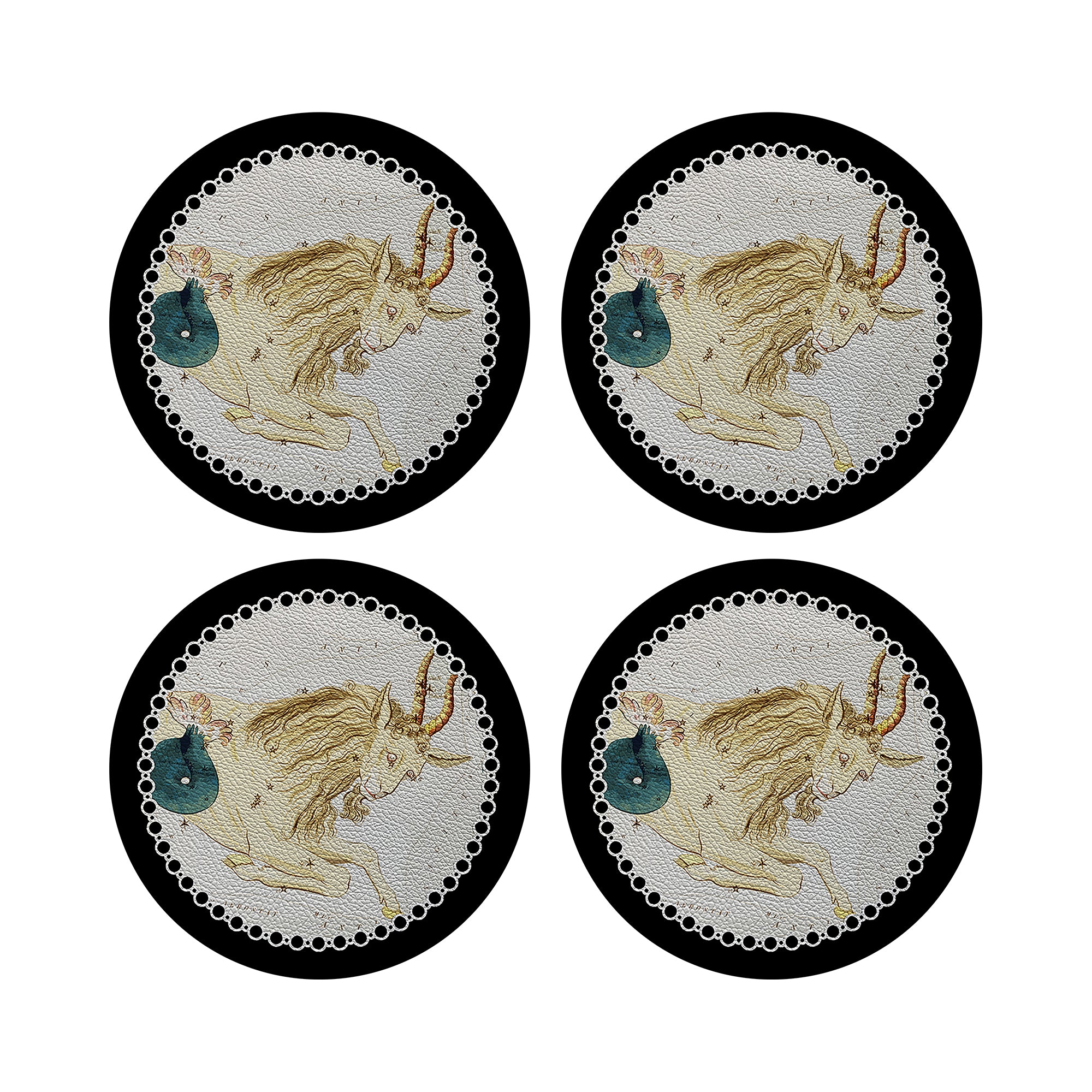 Zodiac Capricon Black Vegan Leather Round Pebble Placemat - nicolettemayer.com