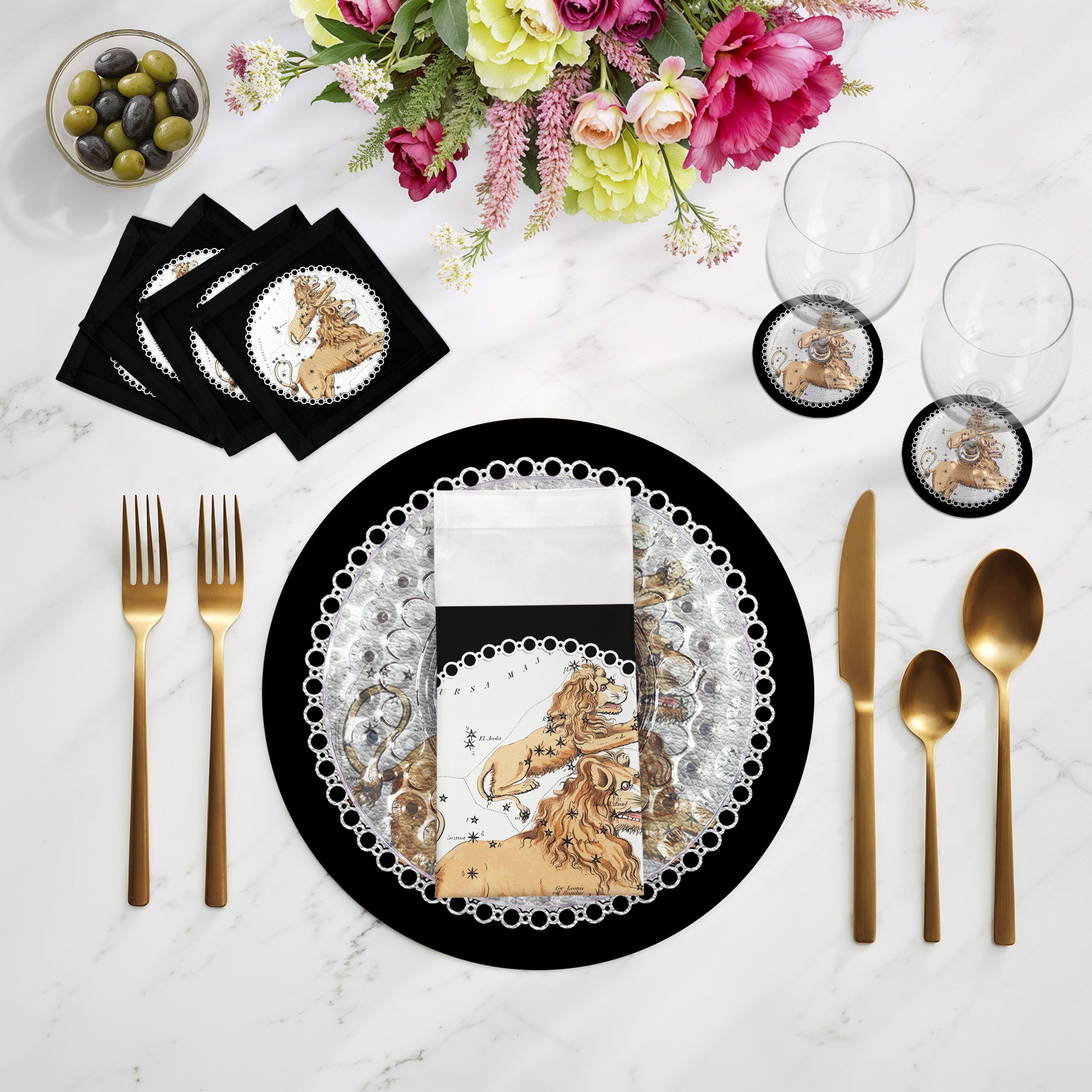 Zodiac Leo Black 16" Round Pebble Placemats, Set of 4 - nicolettemayer.com
