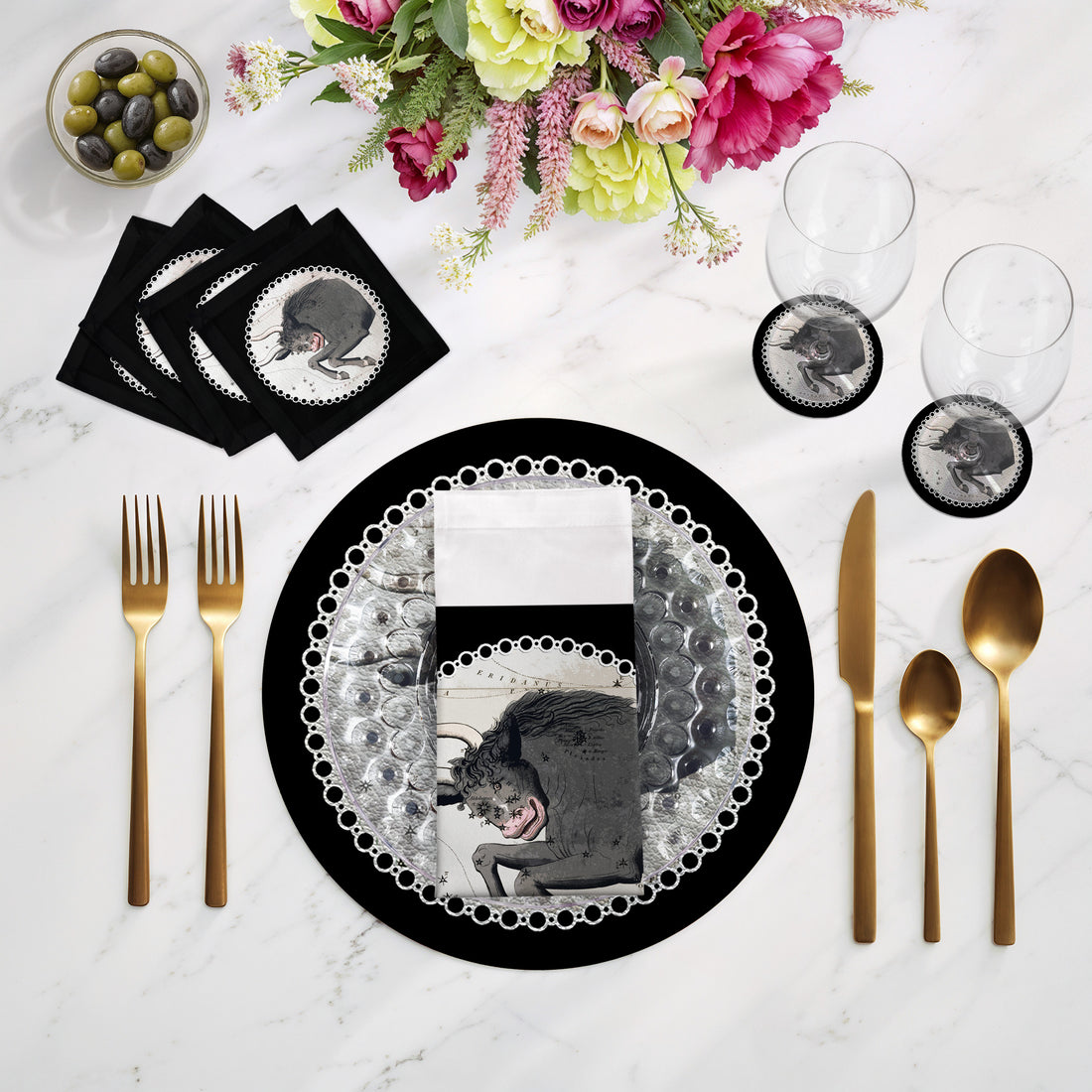 Zodiac Taurus Black 16" Round Pebble Placemats, Set of 4 - nicolettemayer.com
