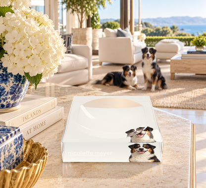 Australian Shepherd Dog Acrylic Candy Catchall Dish, on a coffee table, by Nicolette Mayer