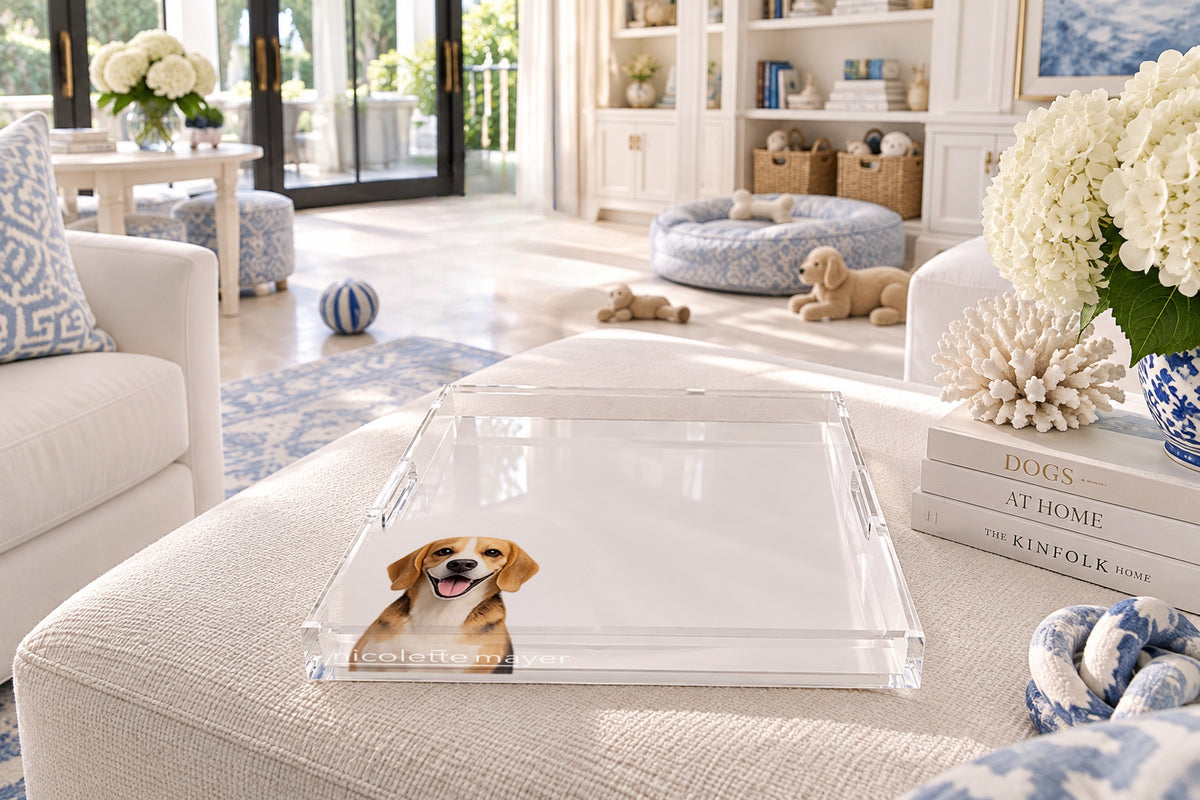 Beagle Dog Acrylic Decorative Tray, on an ottoman, by Nicolette Mayer
