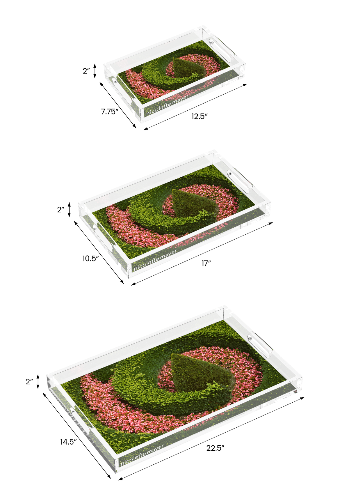 Begonia Swirl Acrylic Rectangle Tray, all three sizes, by Nicolette Mayer