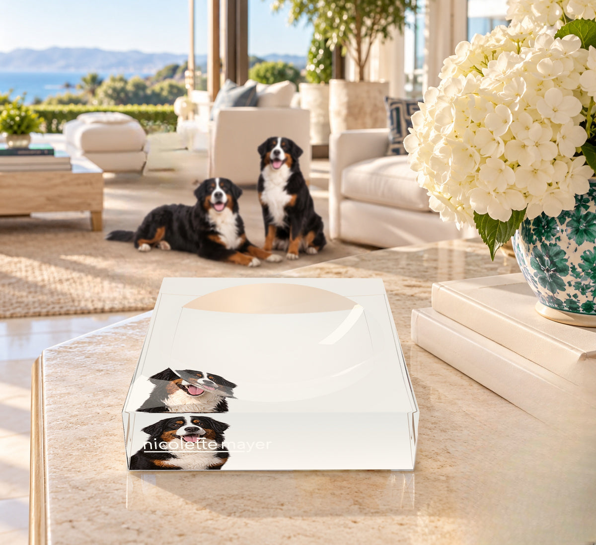 Bernese Mountain Dog Acrylic Candy Catchall Dish, on a coffee table, by Nicolette Mayer