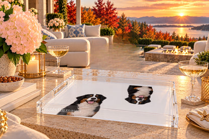 Bernese Mountain Dog Acrylic Rectangle Tray, on a patio table, by Nicolette Mayer