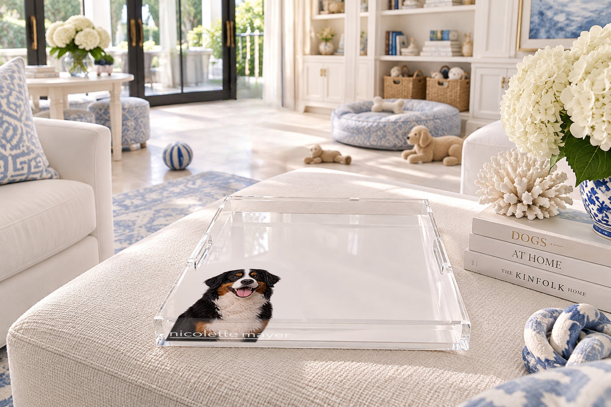 Bernese Mountain Dog Acrylic Decorative Tray, on an ottoman, by Nicolette Mayer
