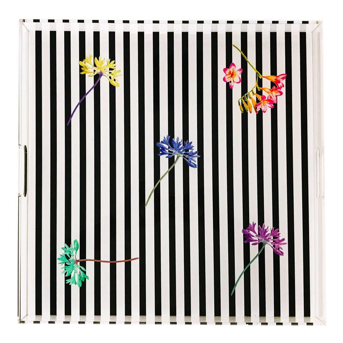 BLACK FLORAL STRIPES 18X18 ACRYLIC TRAY - nicolettemayer.com