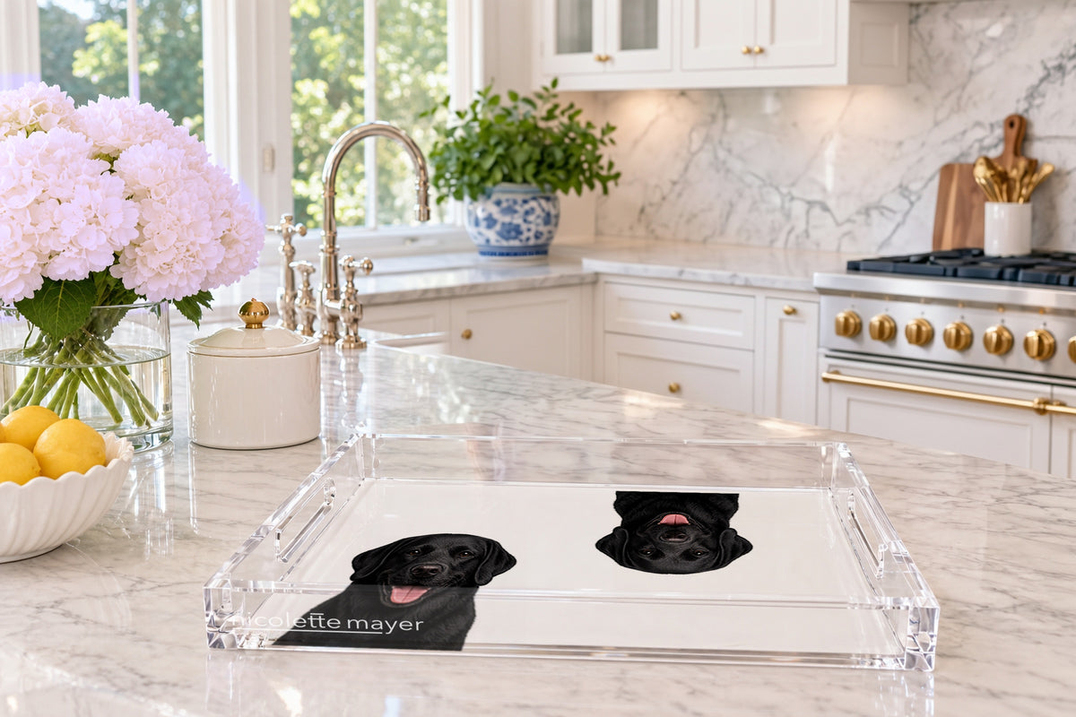 Black Lab Dog Acrylic Rectangle Tray, on a kitchen island, by Nicolette Mayer