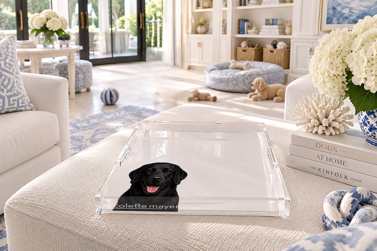 Black Lab Dog Acrylic Decorative Tray, on an ottoman, by Nicolette Mayer