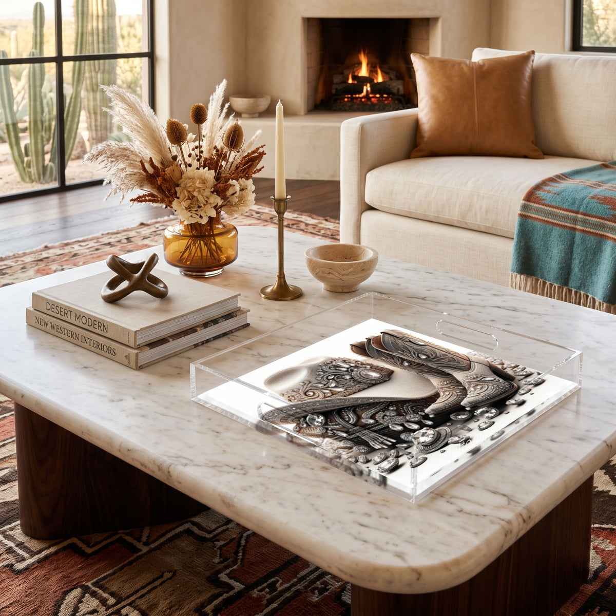Bling Cowgirl Acrylic Decorative Tray, on a coffee table, by Nicolette Mayer