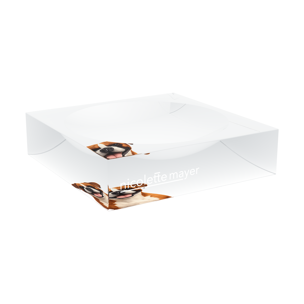Boxer Dog Acrylic Candy Catchall Dish, large dish at an angle, by Nicolette Mayer