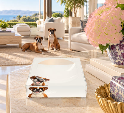Boxer Dog Acrylic Candy Catchall Dish, on a coffee table, by Nicolette Mayer