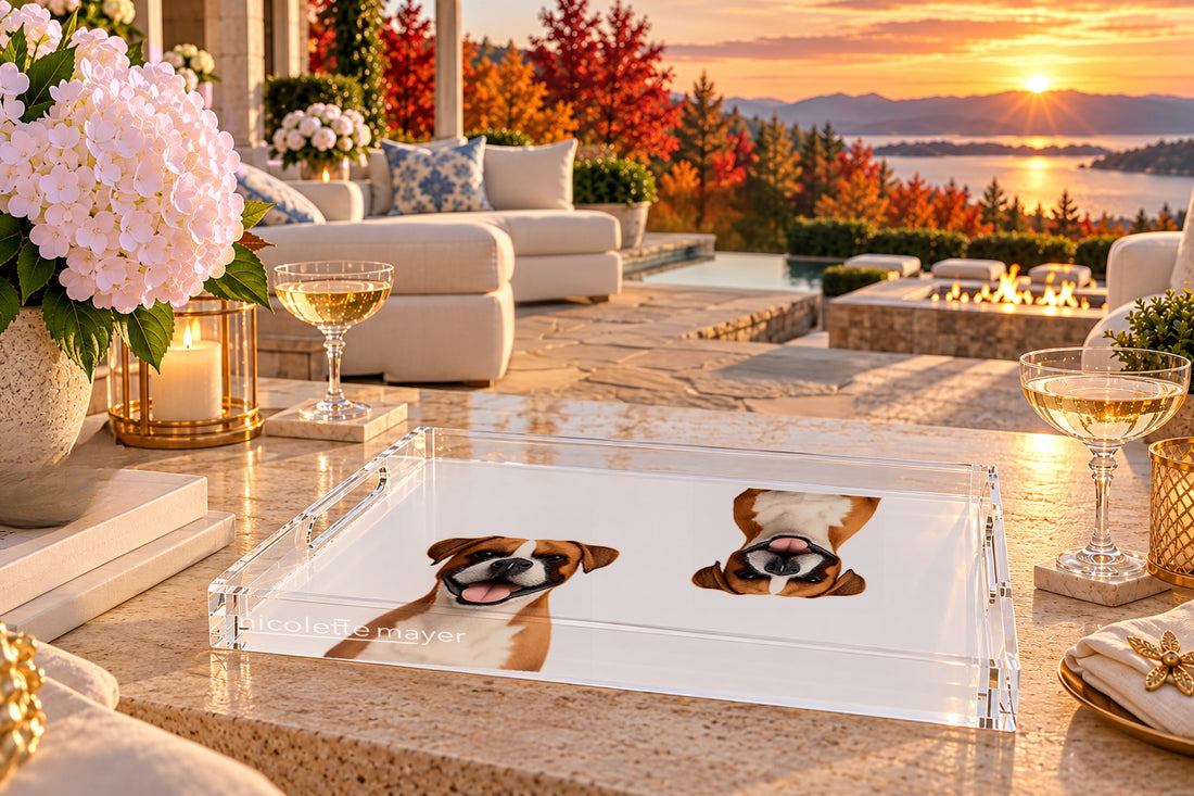 Boxer Dog Acrylic Rectangle Tray, on a patio table, by Nicolette Mayer